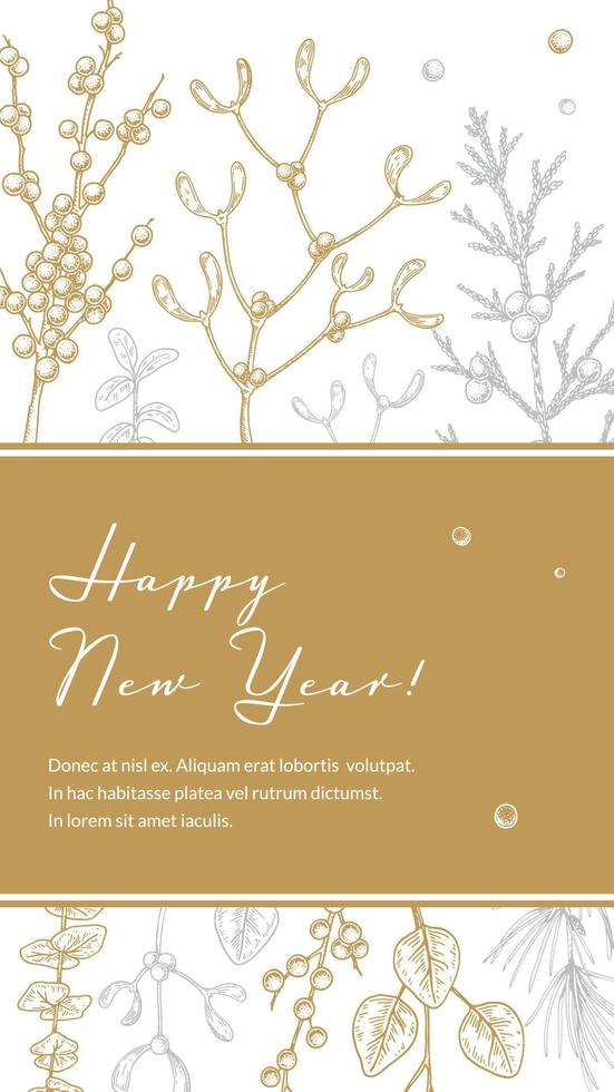 Merry Christmas and Happy New Year vertical greeting card with hand drawn golden botany elements. Vector illustration in sketch style. Festive background. Social media stories template