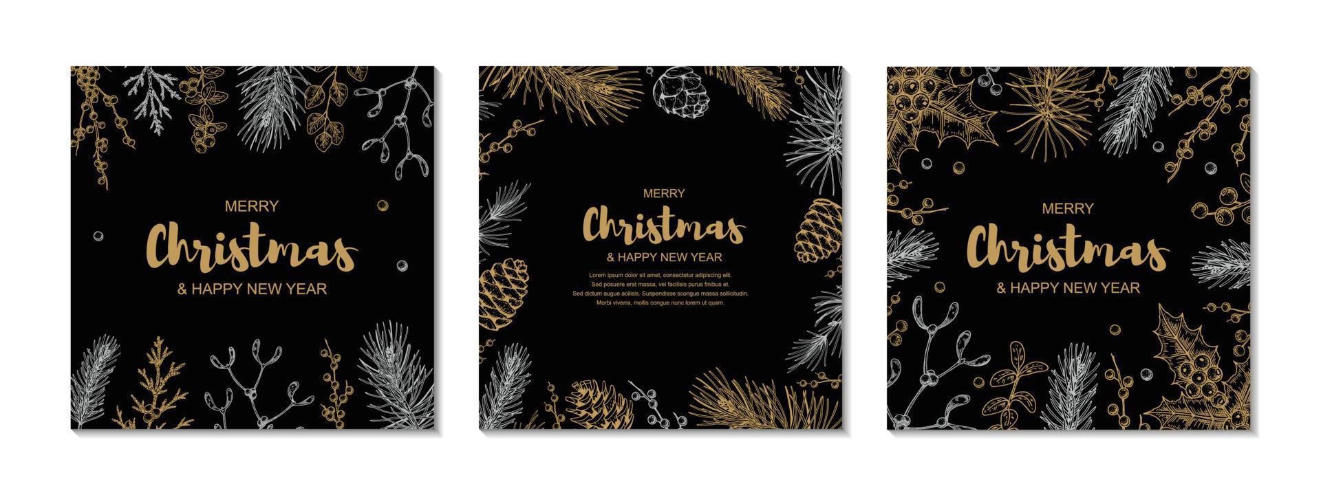 Merry Christmas and Happy New Year square designs with hand drawn golden evergreen branches and holly berries on black background. Vector illustration in sketch style