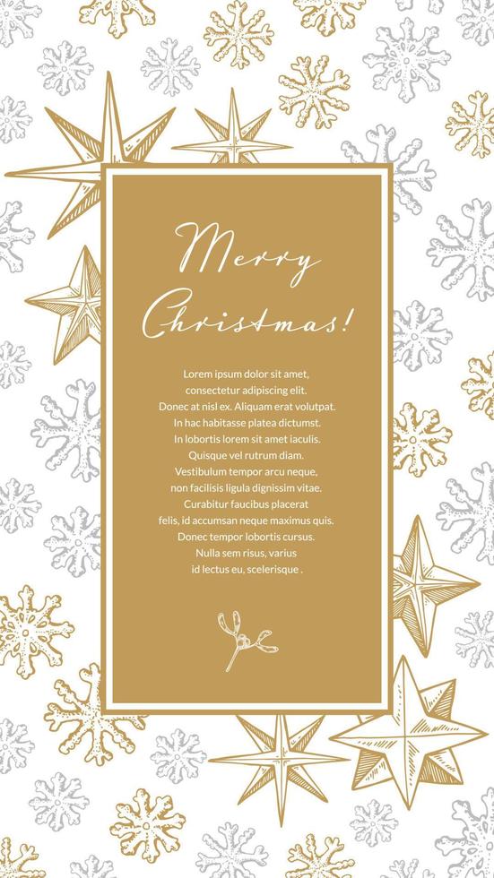 Merry Christmas and Happy New Year vertical greeting card with hand drawn golden five pointed stars and snowflakes. Vector illustration in sketch style. Social media stories template