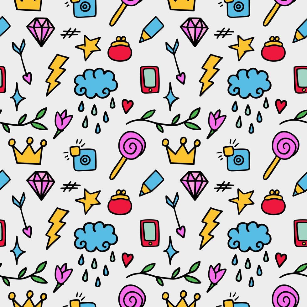 Vector pattern from colored whimsical doodles, seamless texture, abstract background