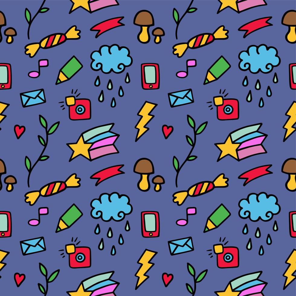 Vector pattern from colored whimsical doodles, seamless texture, abstract background