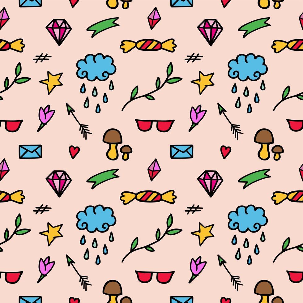 Vector seamless pattern from colored whimsical doodles, abstract background