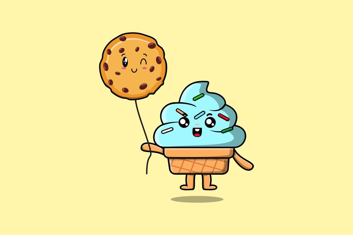 lindo helado de dibujos animados flotando con galletas vector