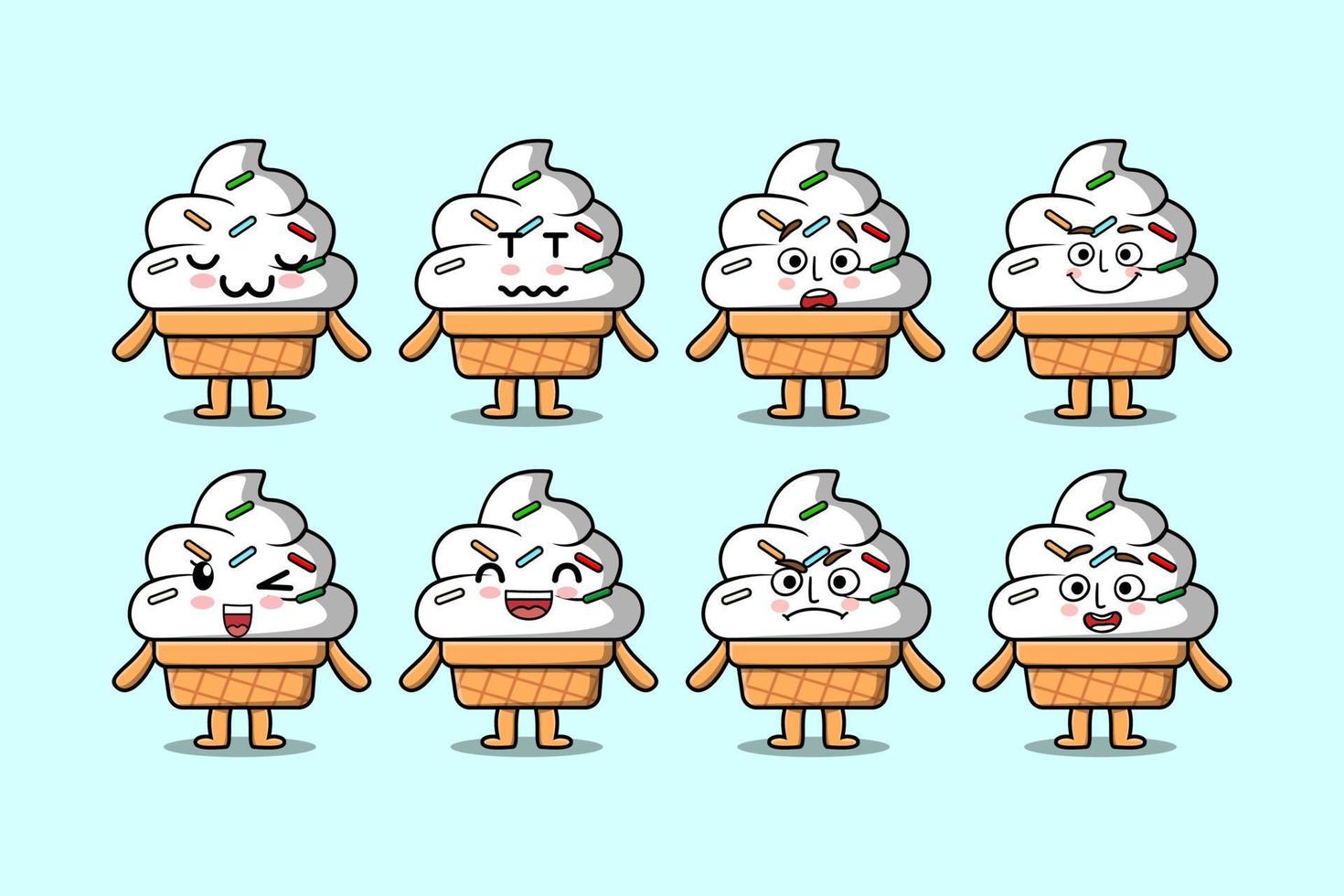 Set kawaii Ice cream cartoon different expressions vector