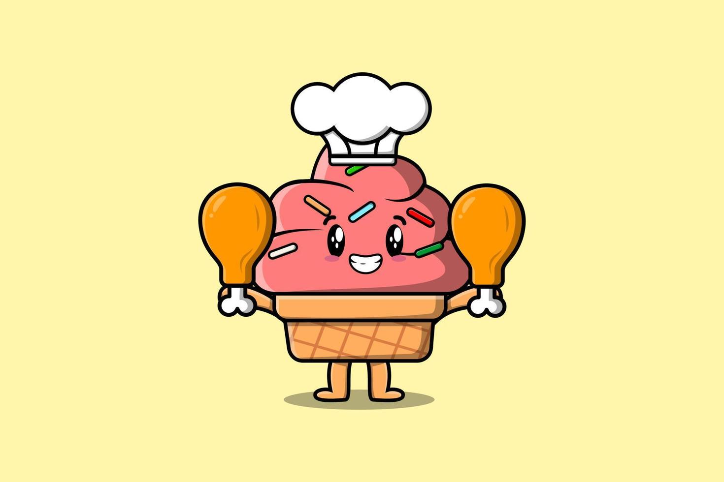 Cute cartoon Ice cream chef holding chicken thighs vector