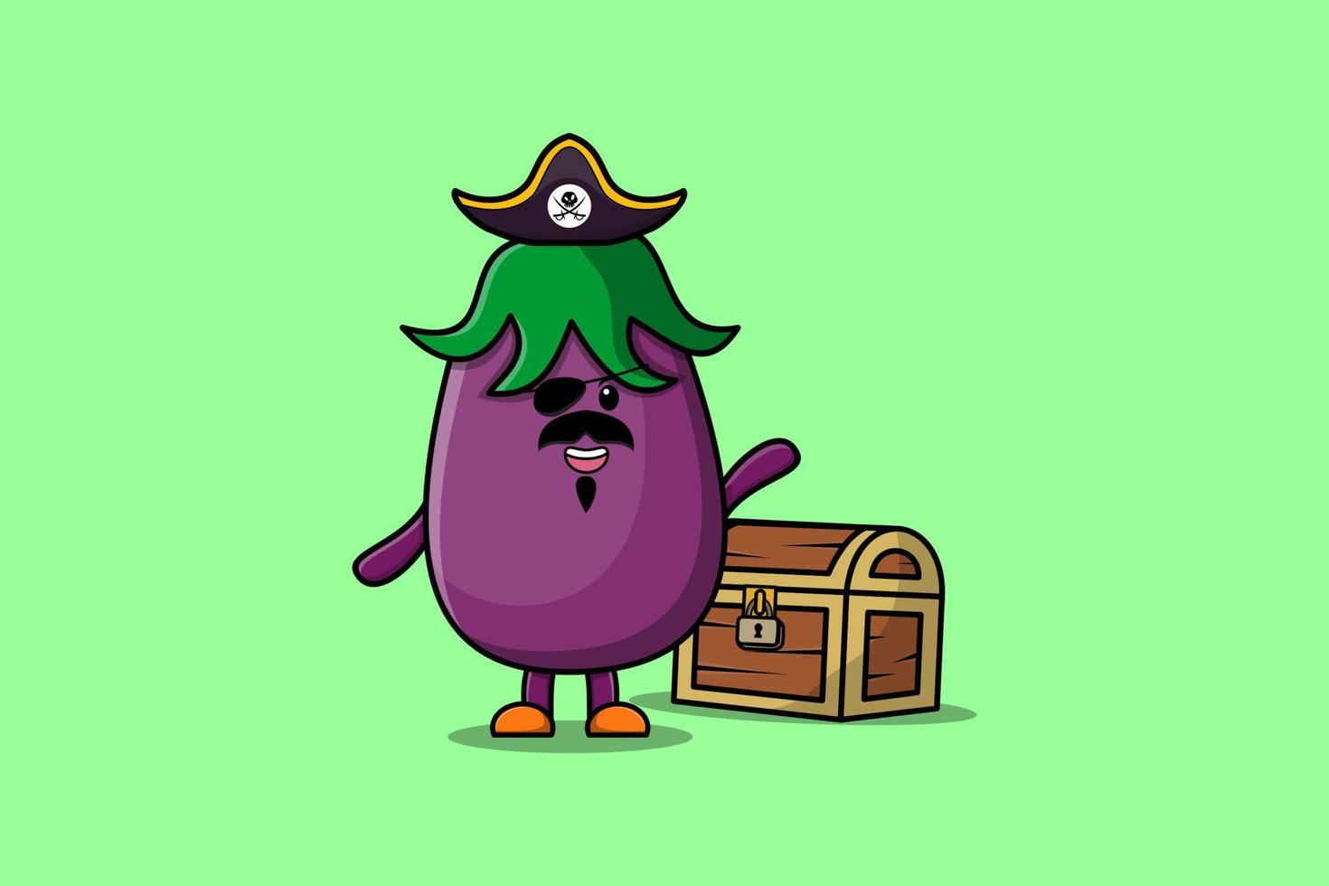 Cute cartoon Eggplant pirate with treasure box vector