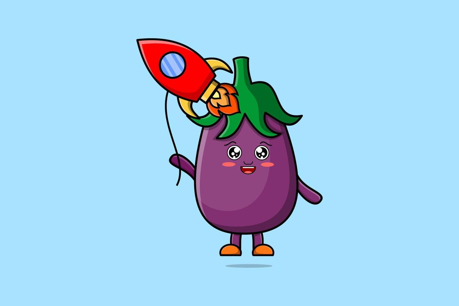 Cute cartoon Eggplant floating with rocket vector