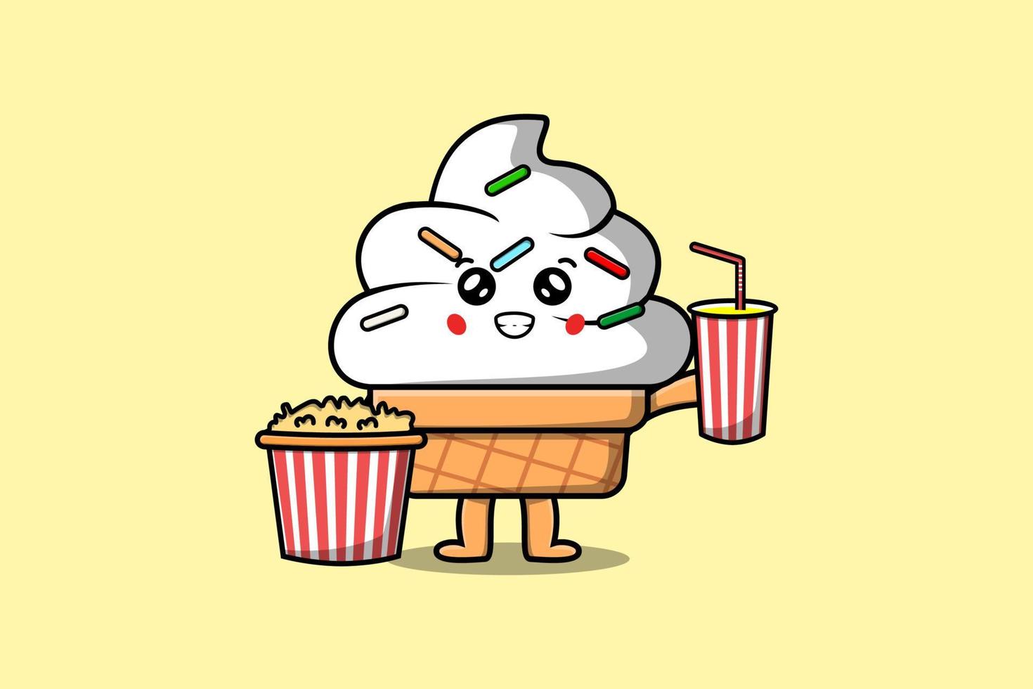 Cute cartoon Ice cream with popcorn and drink vector