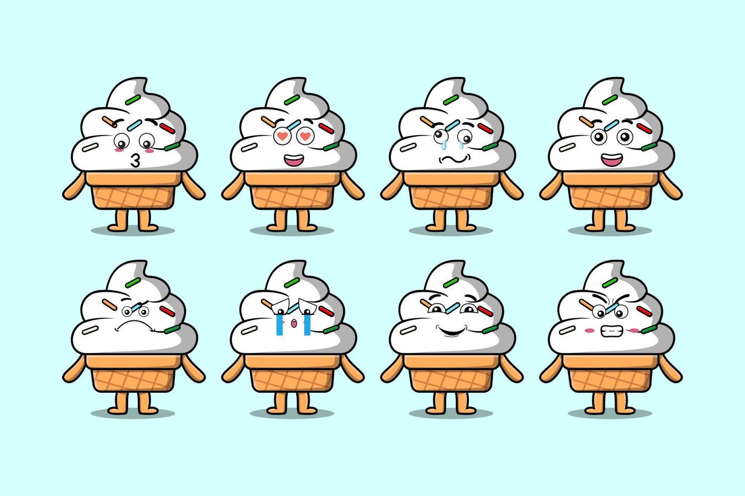 Set kawaii Ice cream cartoon different expressions vector