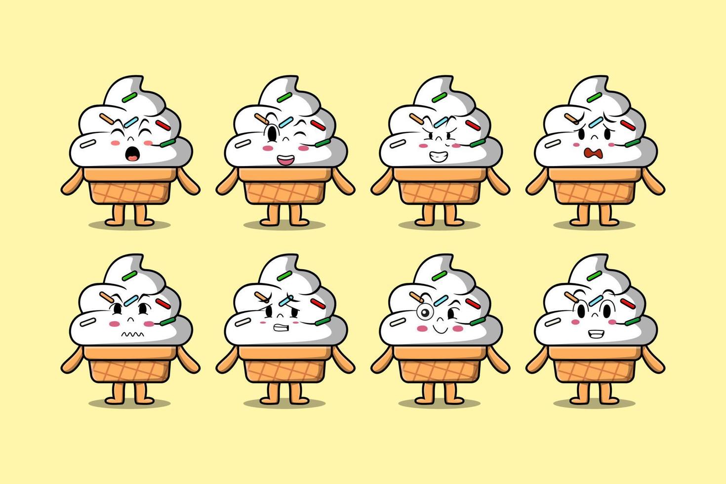 Set kawaii Ice cream cartoon different expressions vector