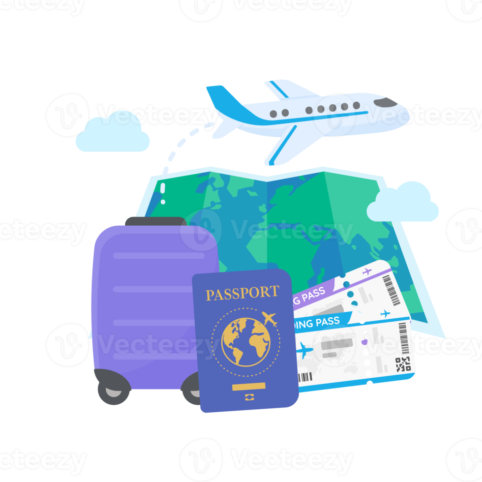 de wereldkaart is vastgemaakt om reizen van internationale luchtvaartmaatschappijen te plannen. met bagage en vliegtickets png