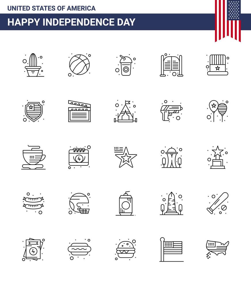 Editable Vector Line Pack of USA Day 25 Simple Lines of american day bottle saloon bar Editable USA Day Vector Design Elements
