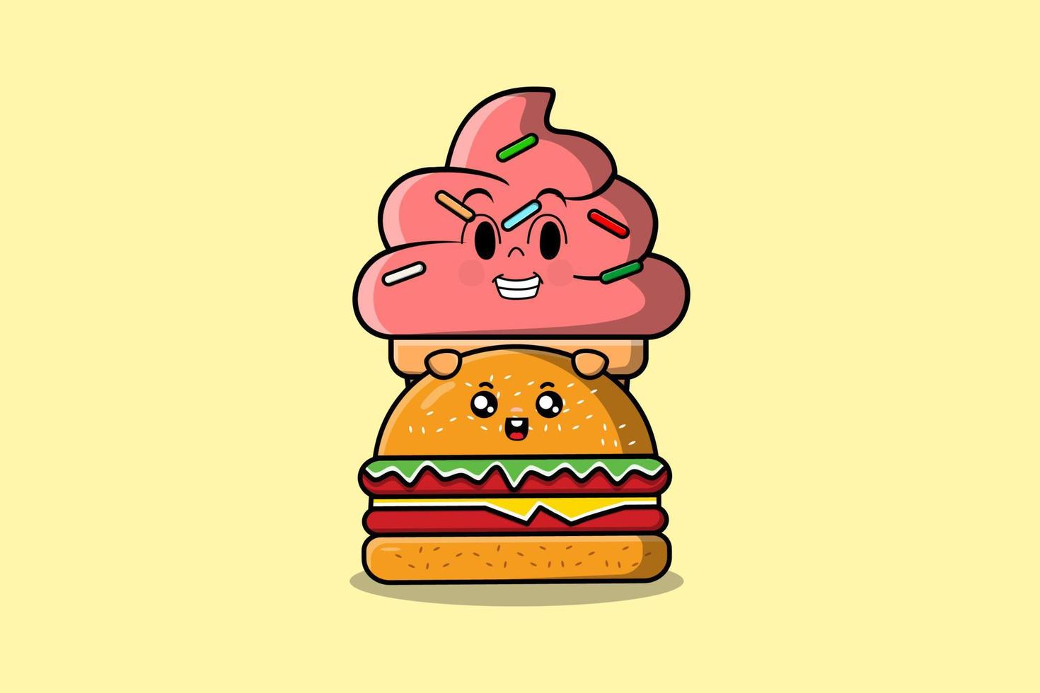 Cute Ice cream cartoon character hiding in burger vector