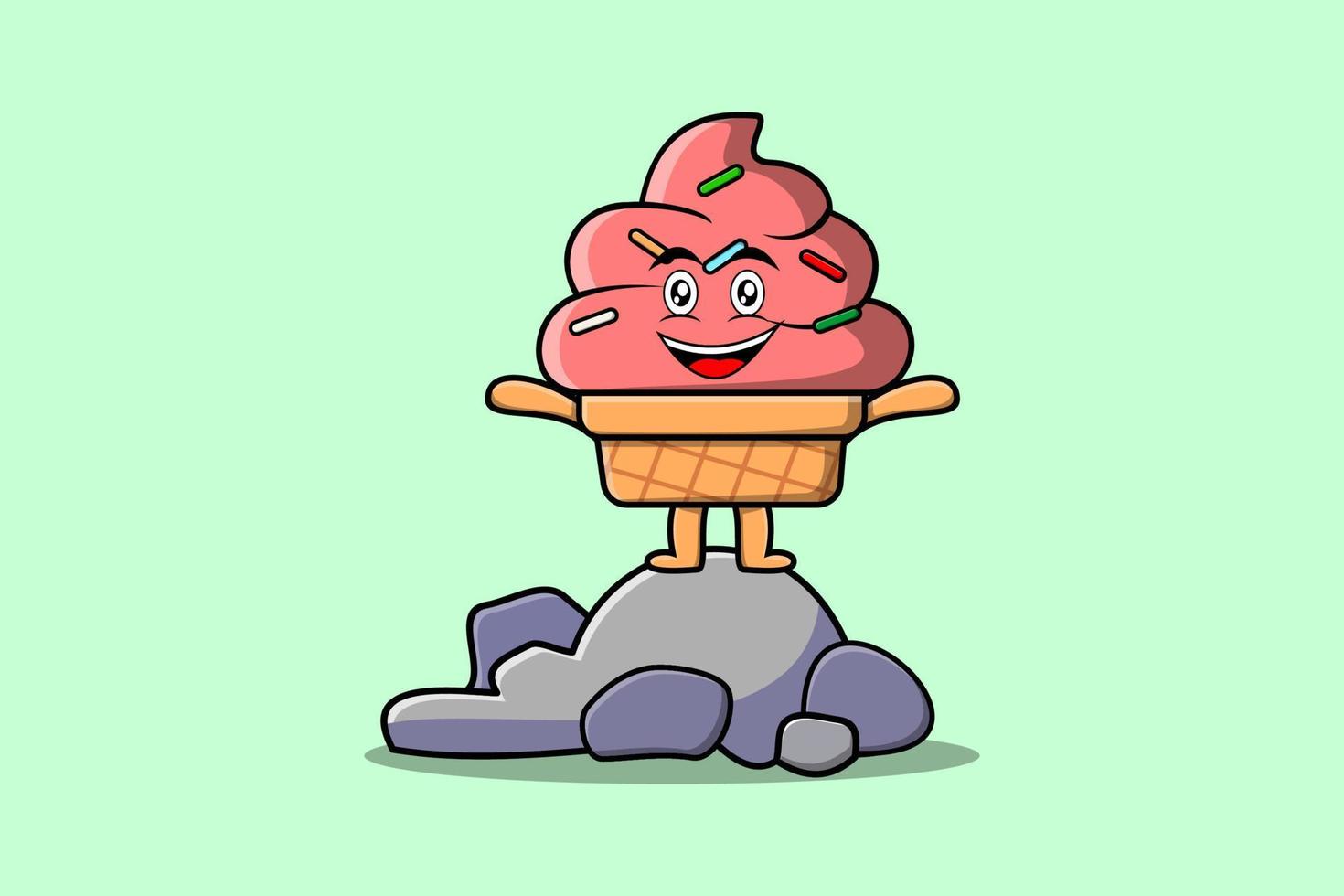 lindo personaje de helado de dibujos animados de pie en piedra vector