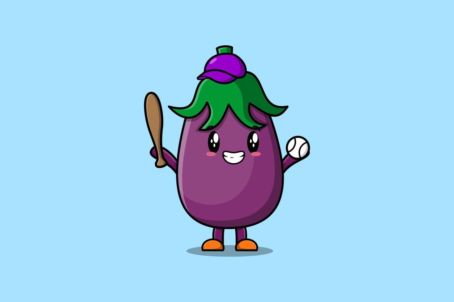Cute cartoon Eggplant character playing baseball vector