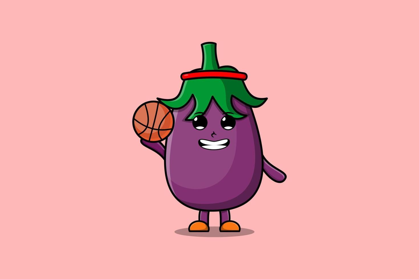 Cute cartoon Eggplant character playing basketball vector