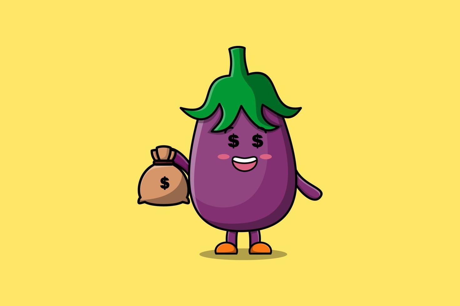 Cute cartoon Crazy rich Eggplant with money bag vector