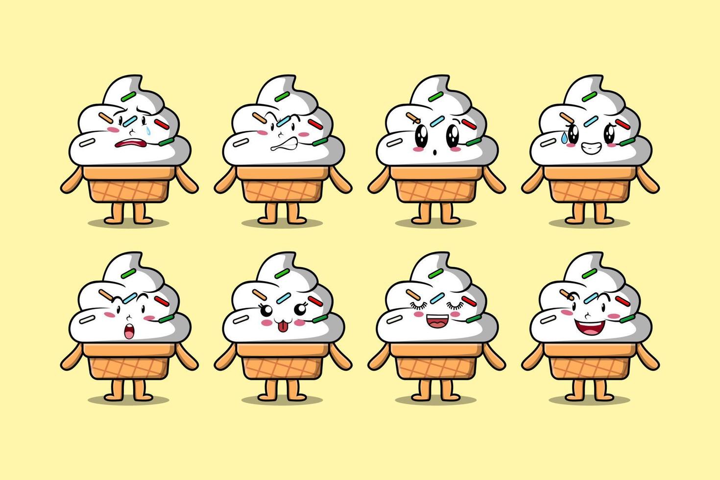 Set kawaii Ice cream cartoon different expressions vector