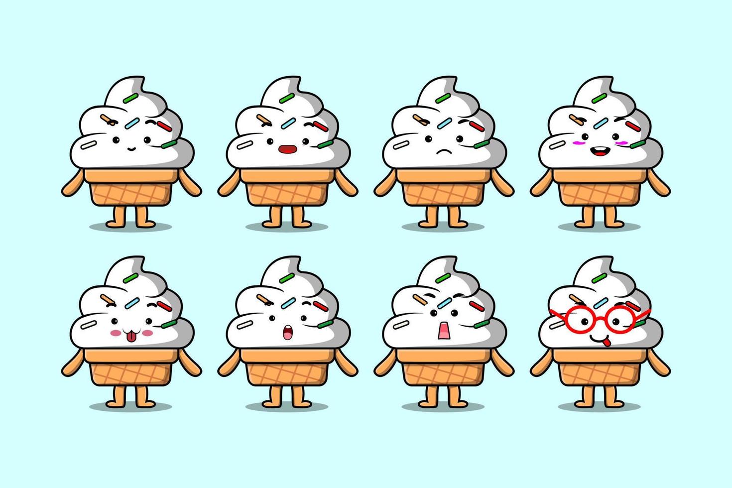 Establecer kawaii helado cartoon diferentes expresiones vector