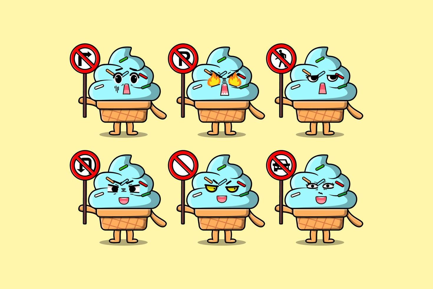 Cute Ice cream cartoon character holding traffic sign illustration in modern 3d style design vector