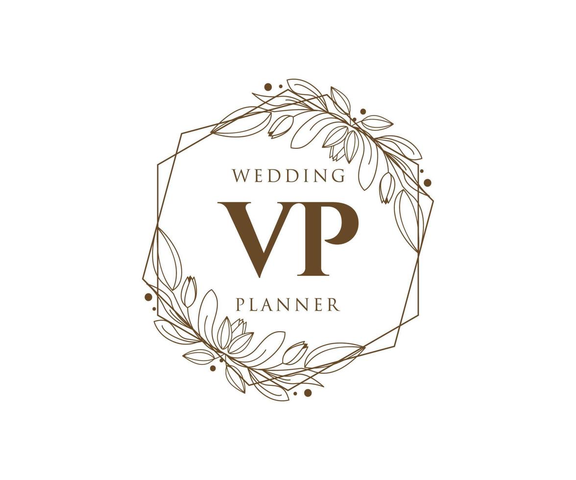 Colección de logotipos de monogramas de boda con letras iniciales vp, plantillas florales y minimalistas modernas dibujadas a mano para tarjetas de invitación, guardar la fecha, identidad elegante para restaurante, boutique, café en vector