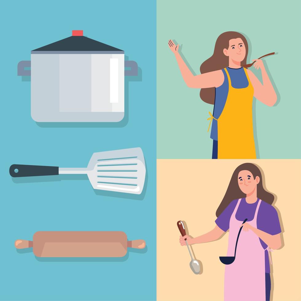 girls cooking with equipment vector