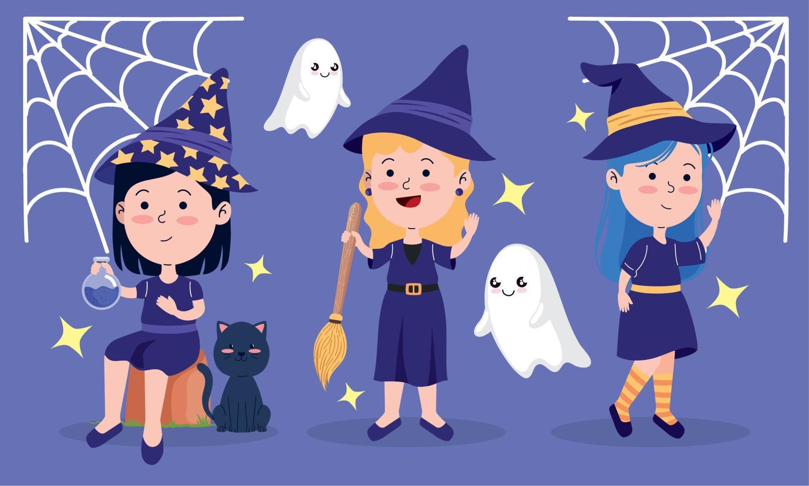 halloween witches with ghosts vector