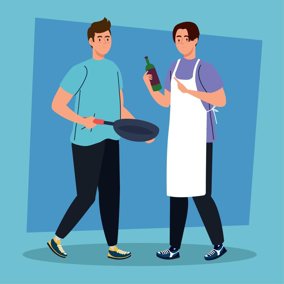 men cooking with pan vector