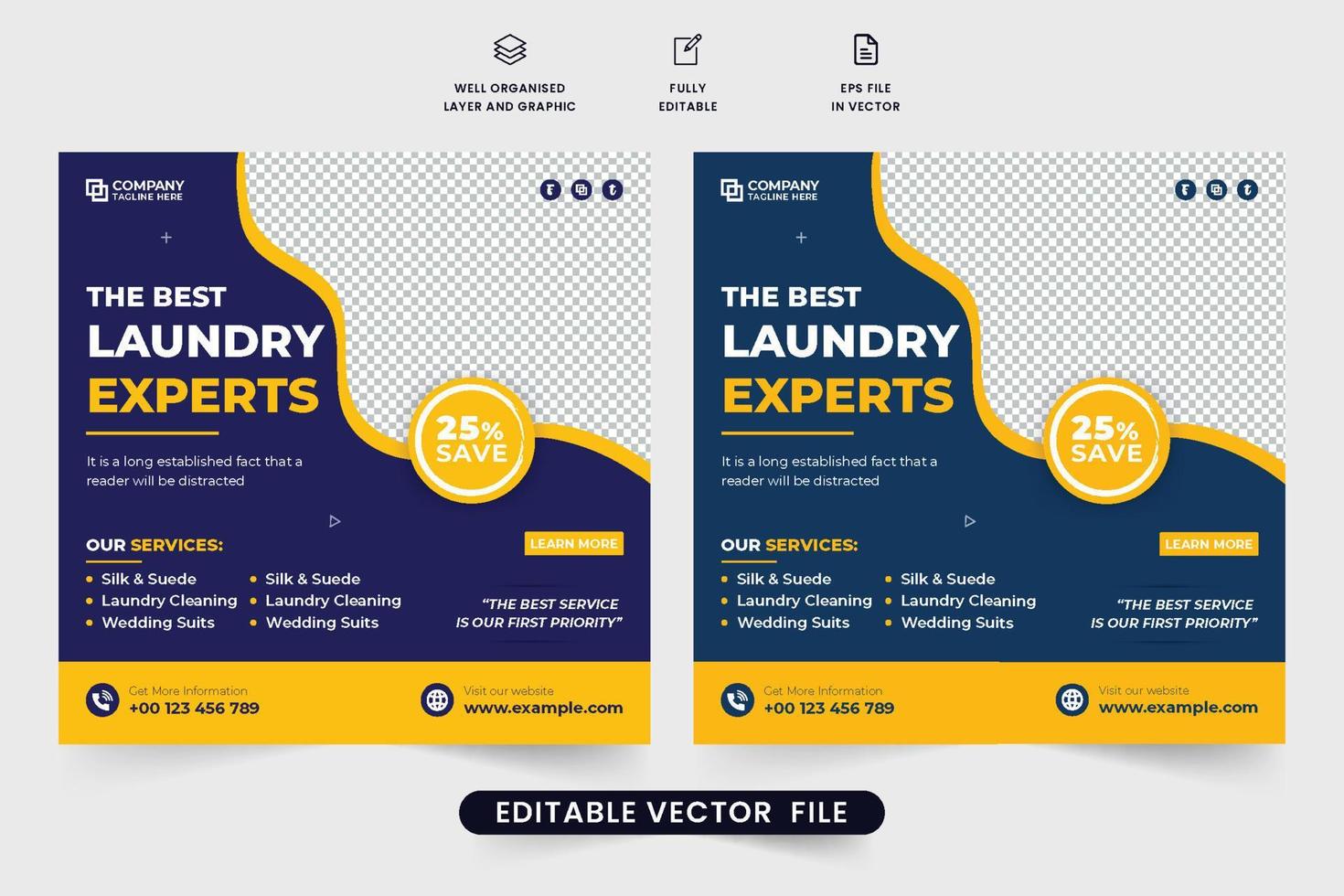 Laundry business promotional web banner design with blue and yellow colors. Cloth cleaning service social media post vector for digital marketing. Laundry cleaning service poster design.