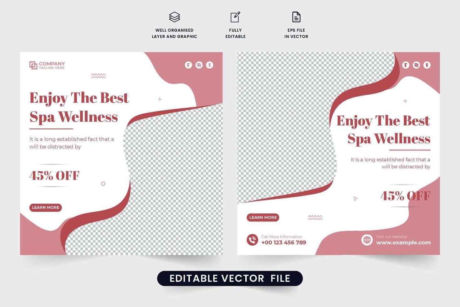 Body massage and beauty treatment template design with photo placeholders. Special spa therapy promotional poster vector with rusty red colors. Spa center advertisement web banner design for marketing