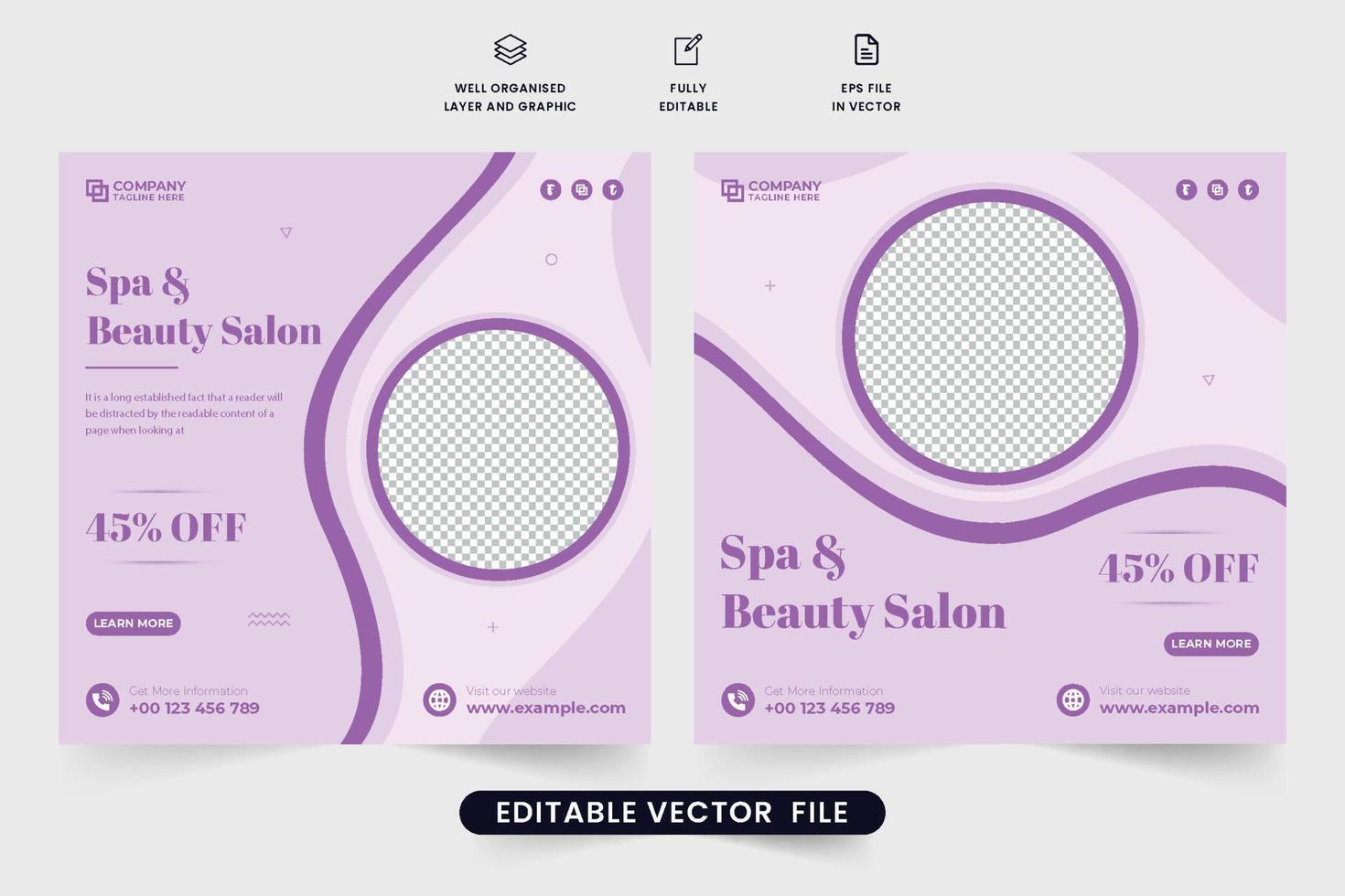 vector de publicación de medios sociales de salón de belleza con colores morados. diseño de plantilla de anuncio de centro de spa moderno con formas abstractas. vector de banner web promocional de belleza y tratamiento corporal para marketing.