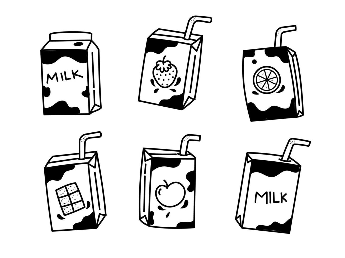Set of paper box drinks with hand-drawn style isolated on white background. Drinks doodle illustrations vector