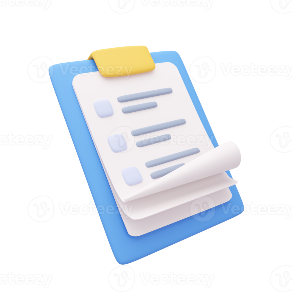 3D report paper clipboard. Note paper for checklist notes. 3D illustration. png