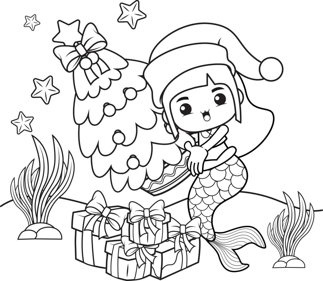 Christmas coloring book with cute mermaid girl vector