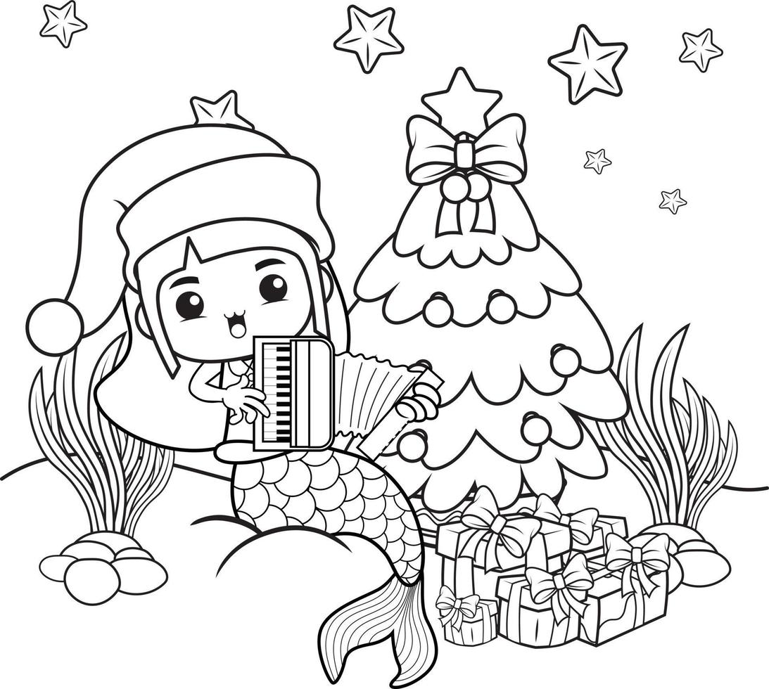 Christmas coloring book with cute mermaid girl vector