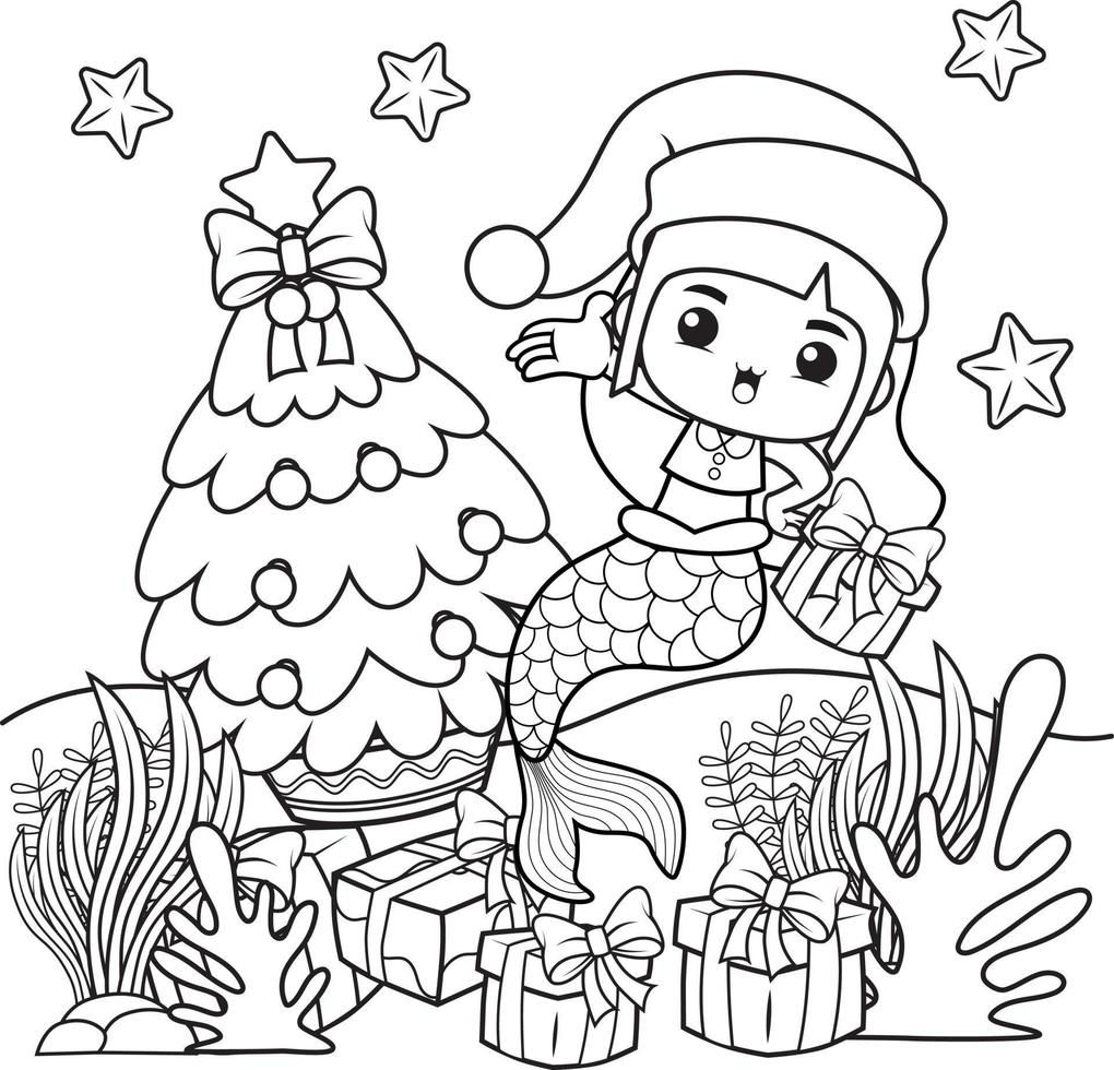 Christmas coloring book with cute mermaid girl vector