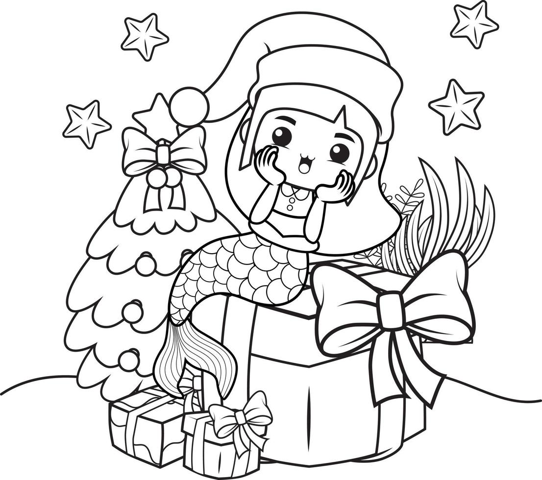 Christmas coloring book with cute mermaid girl vector