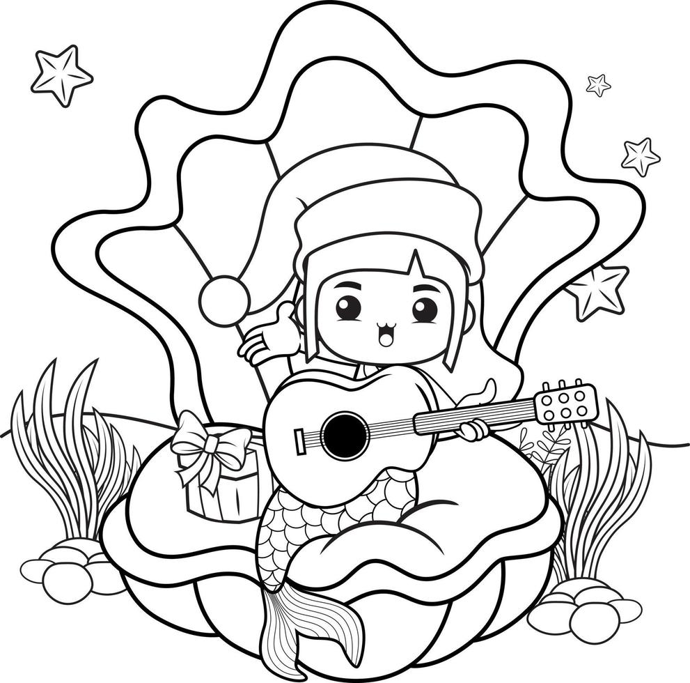 Christmas coloring book with cute mermaid girl vector