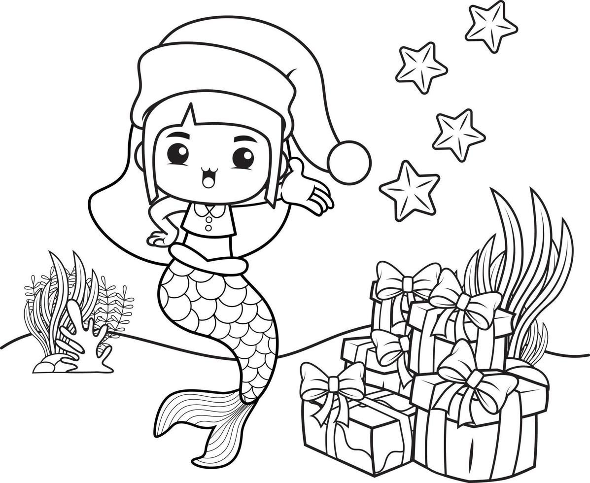 Christmas coloring book with cute mermaid girl vector