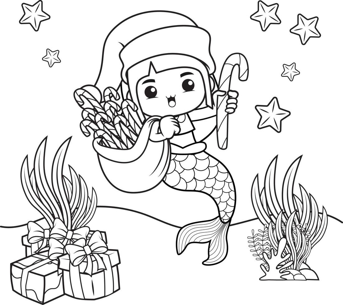 Christmas coloring book with cute mermaid girl vector
