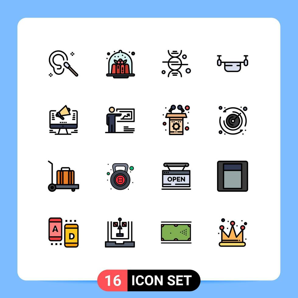 Pack of 16 Modern Flat Color Filled Lines Signs and Symbols for Web Print Media such as vehicles outline food drone medical Editable Creative Vector Design Elements