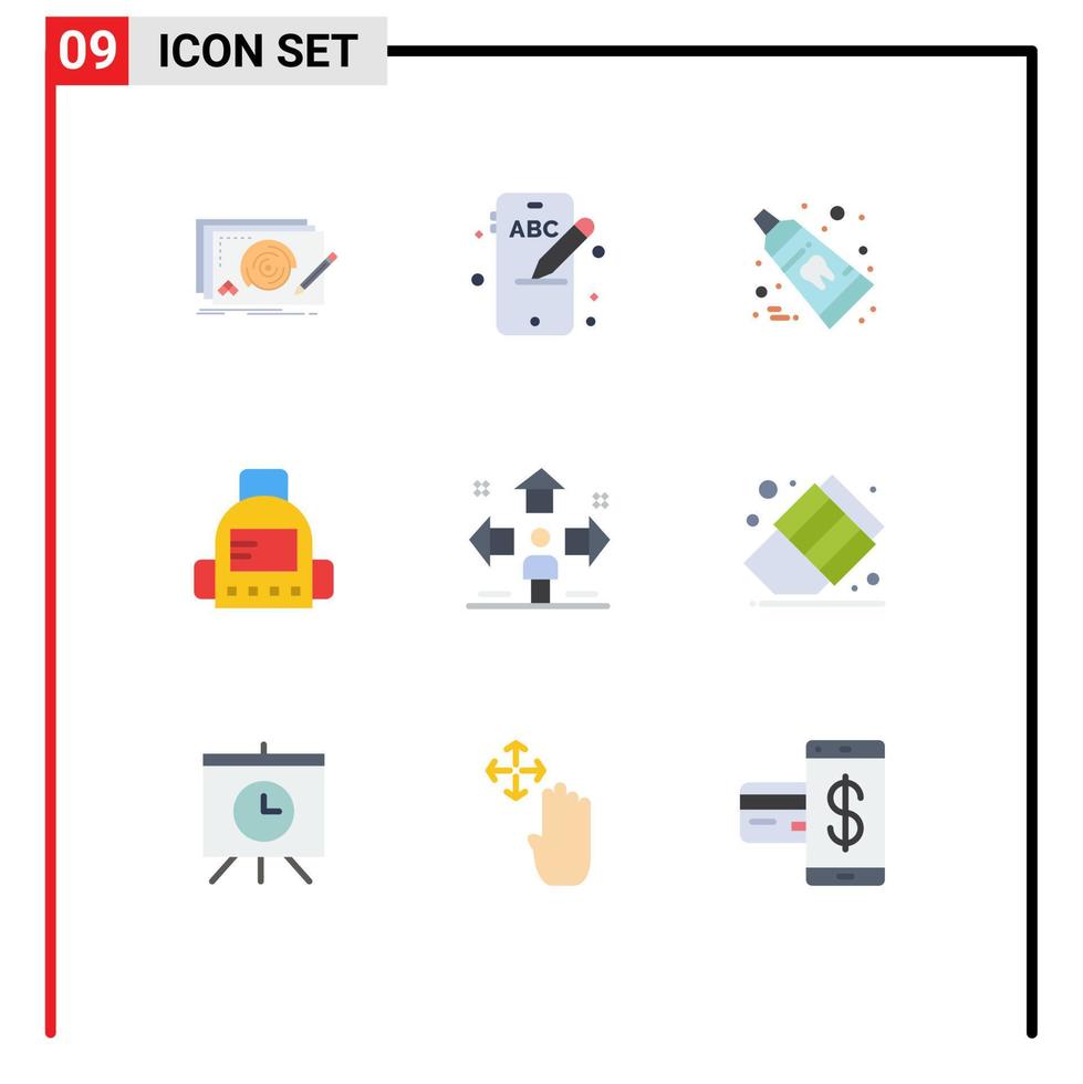 User Interface Pack of 9 Basic Flat Colors of user direction dental education bag Editable Vector Design Elements