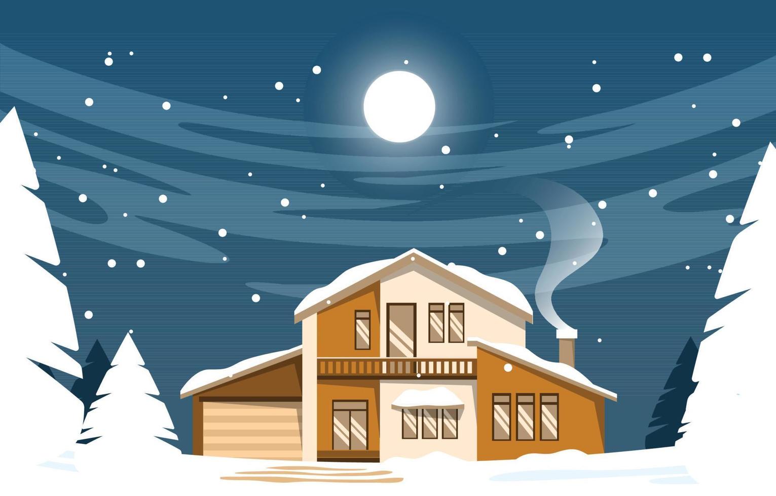 House Home in Night Snow Fall Winter Illustration vector