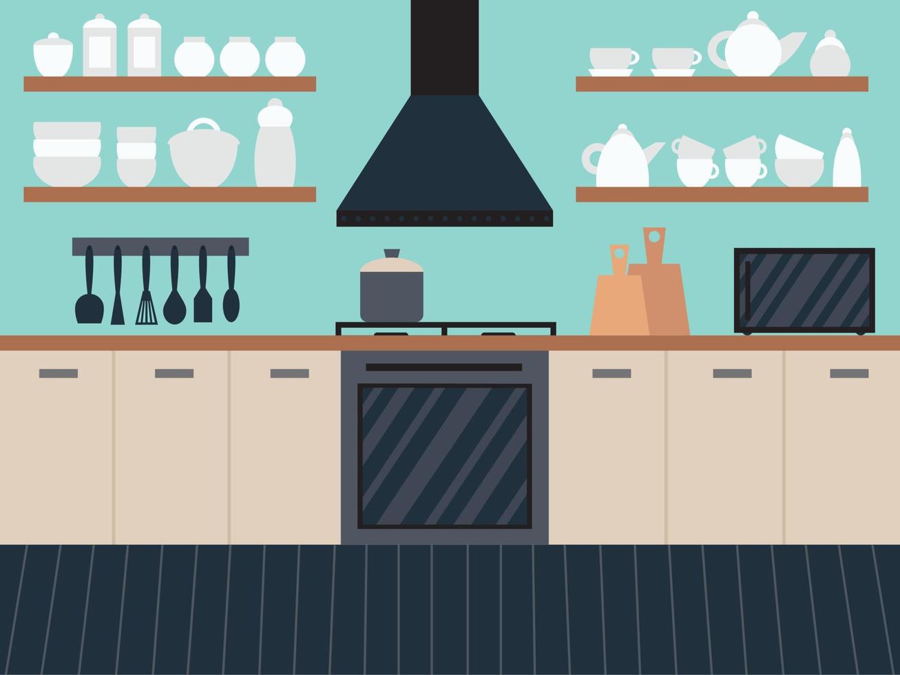 cocina interior de estilo plano con campana extractora y cocina. interior de cocina plana vectorial con utensilios de cocina vector