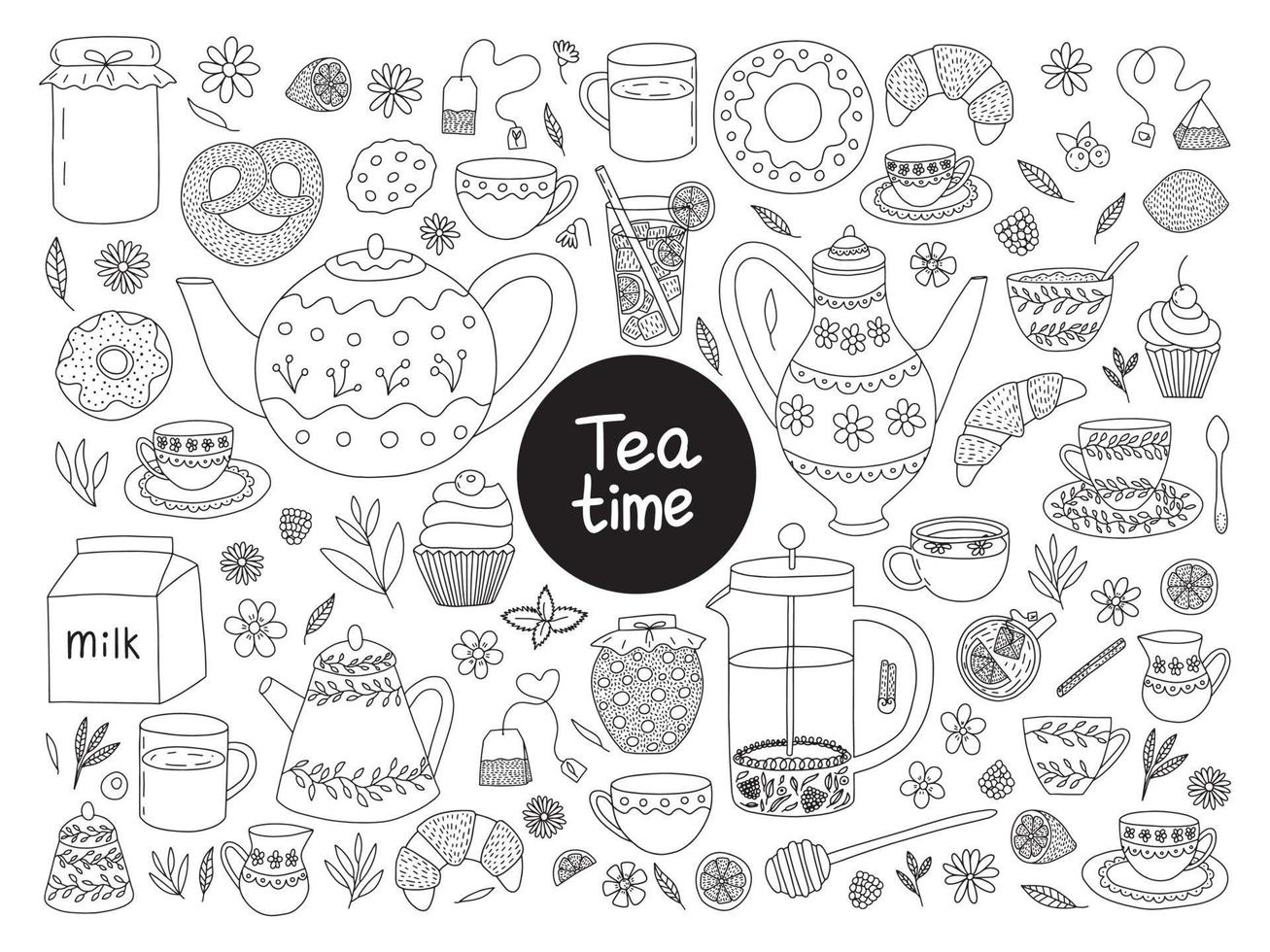 conjunto dibujado a mano de la ceremonia del té vectorial. juego de garabatos vectoriales de colección de té. tetera, taza, flores, postres, mermelada y croissant aislados vector