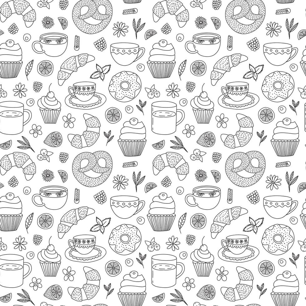 Vector breakfast time seamless pattern. Hand drawn tea and desserts doodle background