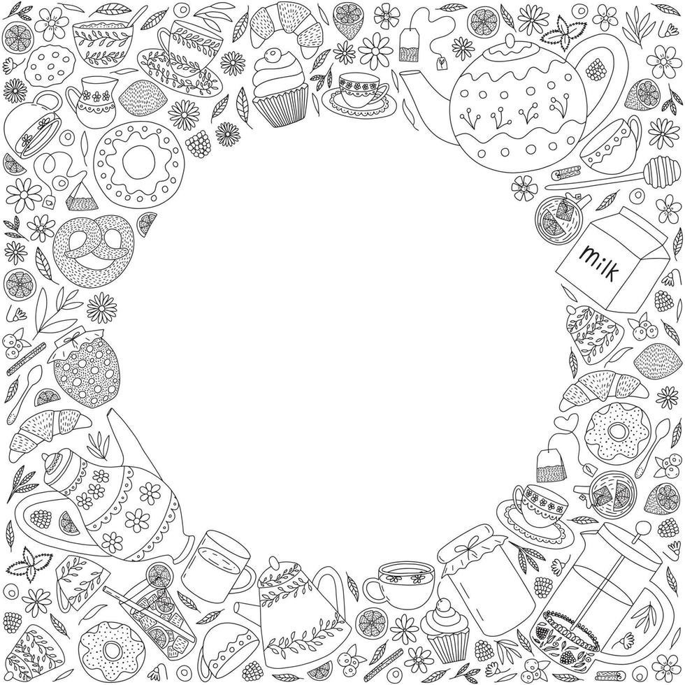 Vector tea frame doodle illustration. Hand drawn black and white tea ceremony frame for text