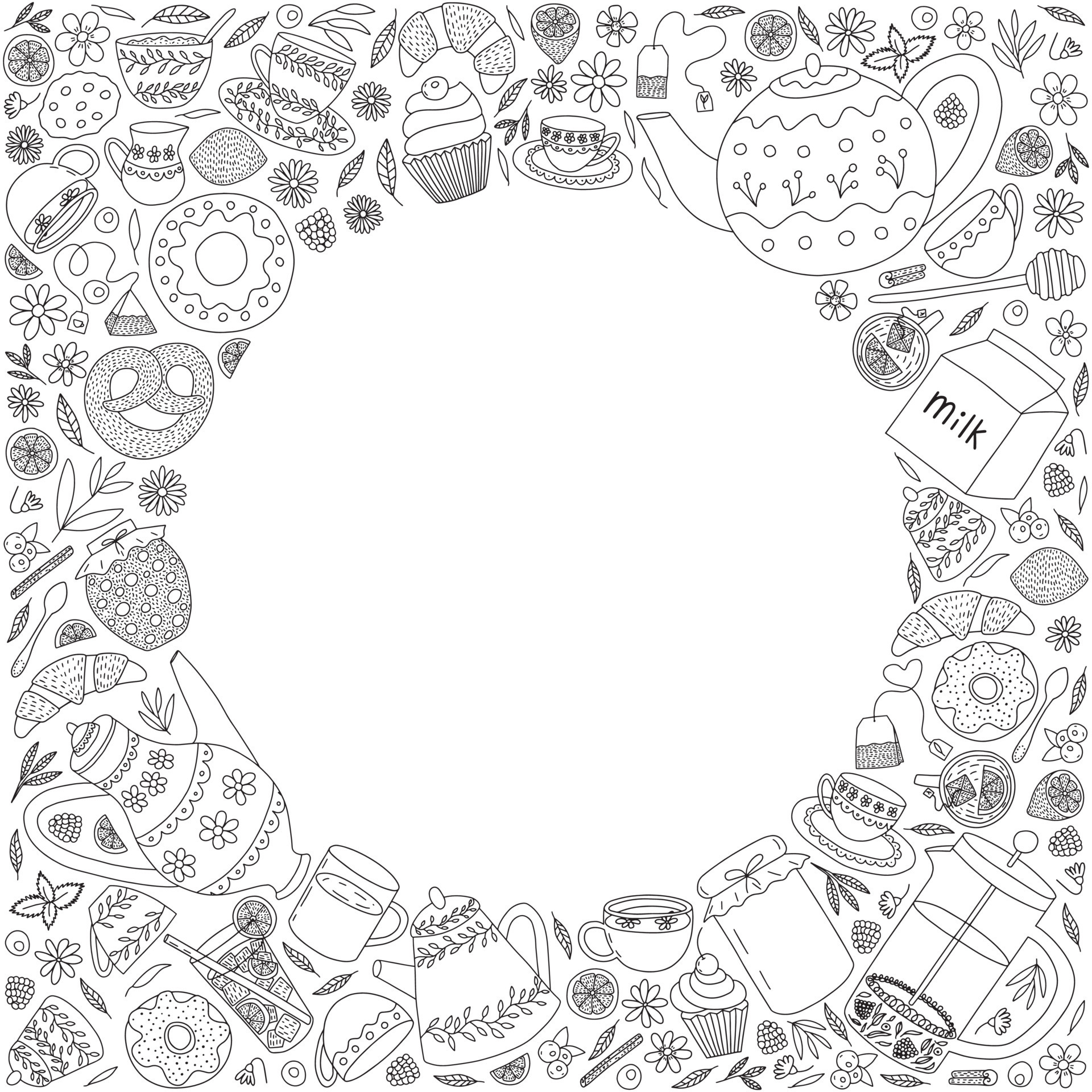 Vector tea frame doodle illustration. Hand drawn black and white tea