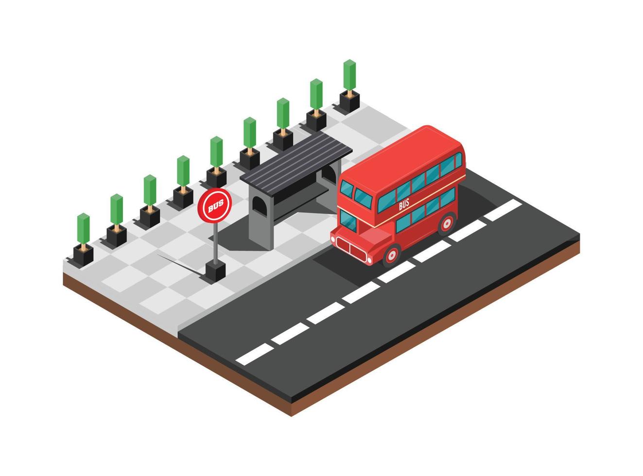 composición de transporte isométrica con autobús cerca de la parada en la ilustración de vector 3d de fondo azul. adecuado para diagramas, infografías y otros recursos gráficos