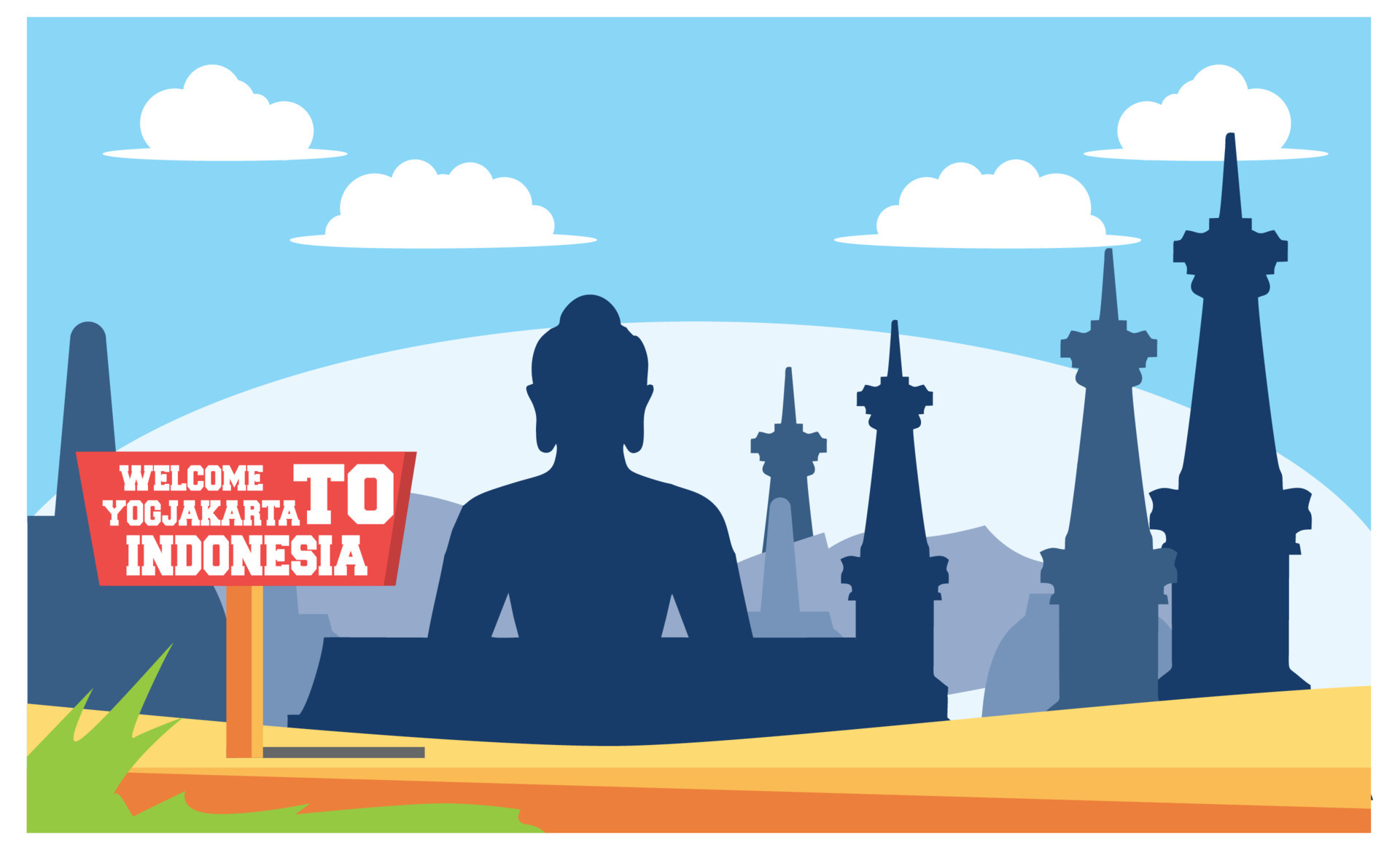 flat illustration of amazing tourist attractions in Indonesia, Vector